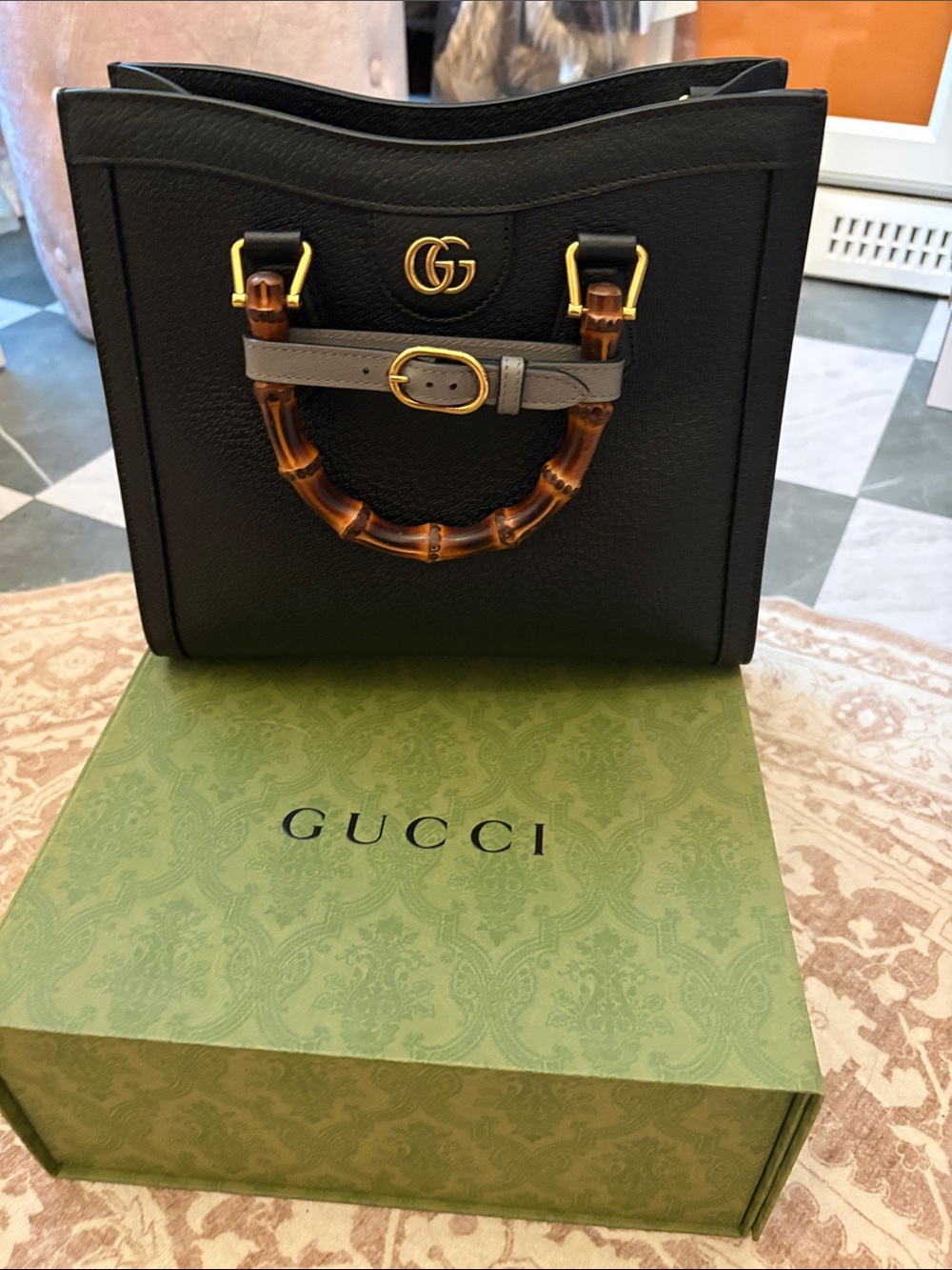 Gucci Black Leather Tote with Bamboo Handle and Gold Hardware